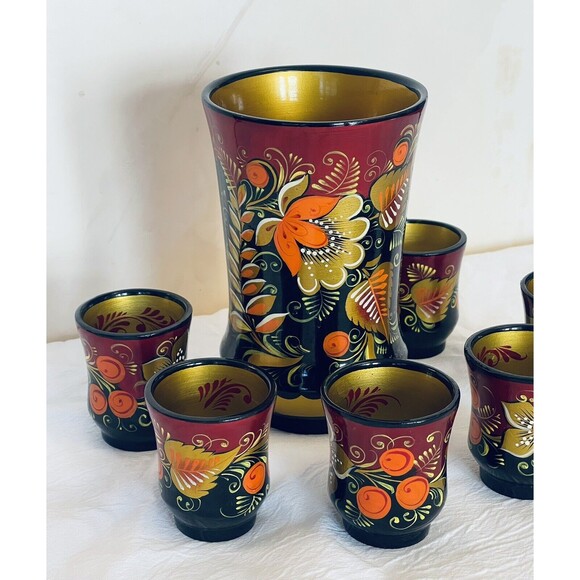 VTG Khokhloma Russian Handpainted Wooden Lacquer Set Pitcher & 6 Cups Signed EUC - Picture 2 of 14